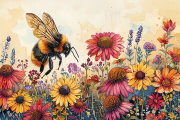 Illustrate a bee gracefully navigating through a meadow of colorful wildflowers at a skewed perspective, rendered in detailed pen and ink to convey the intricate beauty and harmony of the natural worl - obrazy, fototapety, plakaty