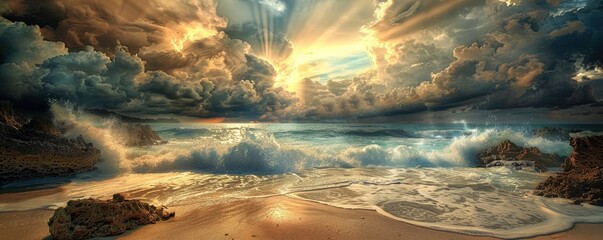 waves crashing on rocky shores under a dramatic sunset sky with penetrating sun rays and dynamic cloud