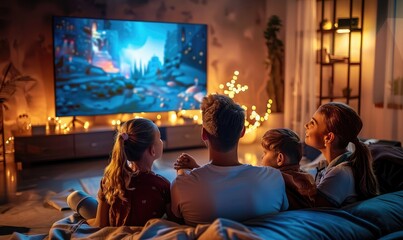 family enjoying a movie night together in a cozy living room with ambient lighting and modern decor