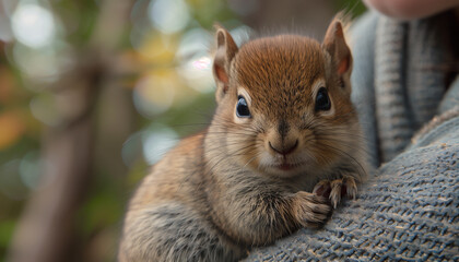 Obraz premium Squirrel held in woman's hands, wild nature, autumn, helping animals