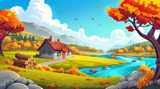 Stunning autumn countryside with stone farmhouse, farm fields, a river and mountains. Cottage on lake coast in fall with woodpile, modern cartoon illustration.