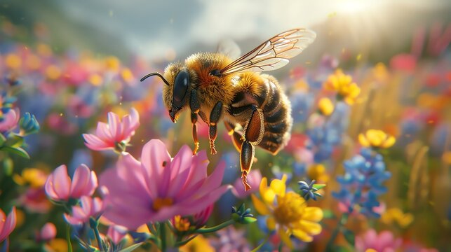Craft a digital rendering of a bee gracefully hovering above a field of wildflowers from a unique tilted angle view, utilizing vibrant colors and photorealistic techniques to bring a sense of life and