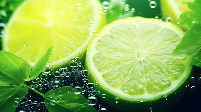 Morceaux de citrons verts, agrume sur un fond d'eau avec &eacute;claboussure d'eau. Fruit, sain, d&eacute;licieux, acide. Jus de fruit, boisson. Pour conception et cr&eacute;ation graphique.