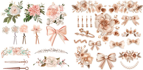 Hair clips with flowers and pearls, bow headband and hairpins - obrazy, fototapety, plakaty