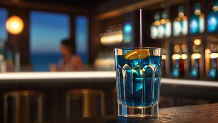 A glass of blue drink with a straw in it sits on a bar counter