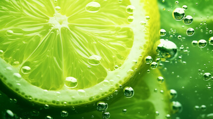 Morceaux de citrons verts, agrume sur un fond d'eau avec éclaboussure d'eau. Fruit, sain, délicieux, acide. Jus de fruit, boisson. Pour conception et création graphique. - obrazy, fototapety, plakaty