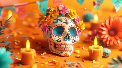 The Day of the Dead poster features a sugar skull, burning candles, flowers, and flags on an orange background.