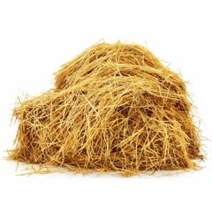 A neatly stacked pile of golden hay isolated on a white background, evoking themes of agriculture and farming.