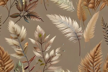 Photo wallpapers for walls. Beautiful leaves on a beige background. A mural for a room. Painted grass. Generative AI