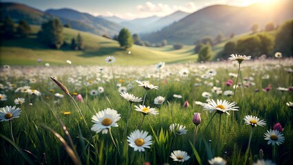 Beautiful Spring Meadow with Daisies: Natural Summer Panoramic Landscape