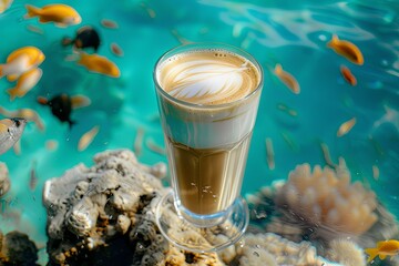 Cup of coffee on coral reef in azure water among fish