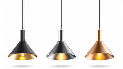 A stylish set of vintage metallic hang ceiling cone lamps. original retro style. Black, brass, and chrome color. Vector illustration Isolated on white background.
