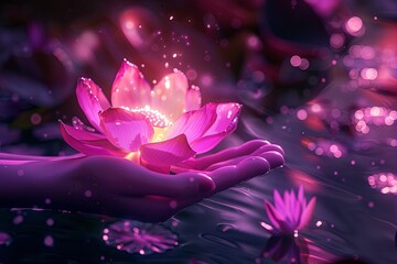 Person holding a glowing purple lotus flower, with delicate pink petals - obrazy, fototapety, plakaty