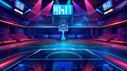 Illustration of an empty tribune seat illuminated with color lights and a scoreboard on a cartoon basketball court.