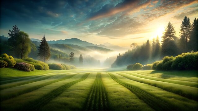 Early Morning Serenity: Fresh Cut Grass Lawn with Light Fog Summer Panorama