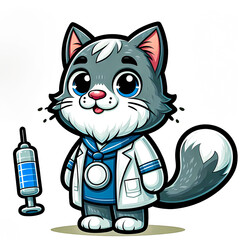 Anime style cartoon illustration of a cute doctor kitten on a white background.