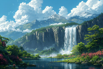 waterfall in the mountains,
Illustrations fantastic landscape