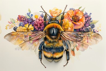 Produce a detailed, vibrant watercolor painting of a birds-eye view Bee wearing an intricate floral crown, capturing intricate details with soft, flowing brushstrokes