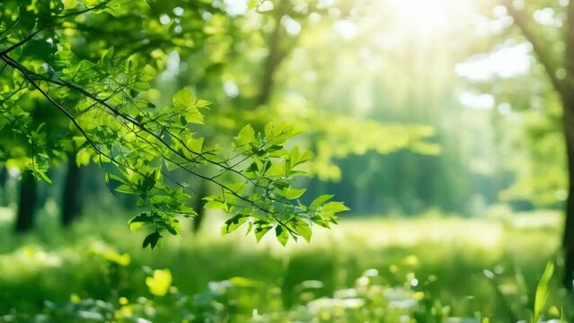 Defocused green trees in forest or park with wild grass and sun beams. Beautiful summer spring natural background.
