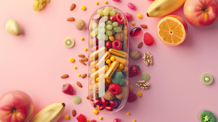 Fototapeta na wymiar Script of multi-colored fruits, vegetables and nuts inside a capsule on a pink background. Conceptual print for healthy eating, vitamins or fitness.