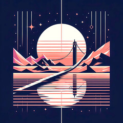 A minimalist illustration of a traditional wooden bridge that crosses a river and reflects the moonlight at night.