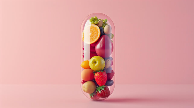 Script of multi-colored fruits, vegetables and nuts inside a capsule on a pink background. Conceptual print for healthy eating, vitamins or fitness.