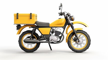 Delivery box for a yellow motorcycle, isolated on a white background