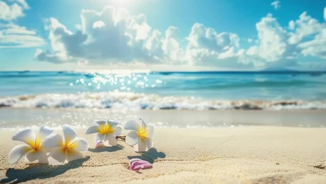 Beach summer panoramic background with frangipani flowers on the sand.
