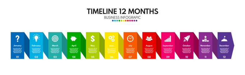 12 months or steps diagram. Whole year strategy plan or project timeline. Colorful vector infographic template with business icons. - obrazy, fototapety, plakaty
