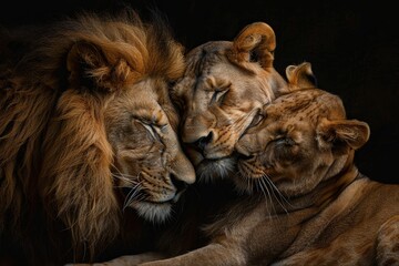 a lion , lioness , and cub are laying next to each other on a black background