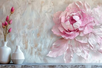 A pink flower hangs by two vases on a wall, adding a touch of creative arts
