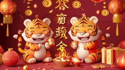 Bringing in wealth and treasures and Caishen sending blessings are written in Chinese on the couplet and left side of the 2022 Year of the Tiger card.