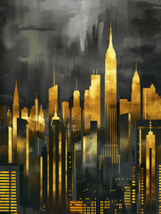 Golden Cityscape. Abstract Urban Skyline Painting. Metallic Hues Skyline. Contemporary City Artwork