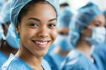 A young female surgeon in blue scrubs is smiling confidently in the operating room with her team in the background.