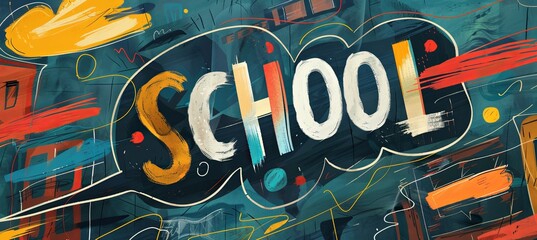 The word school displayed in graffiti font on electric blue background