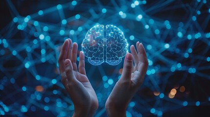 Innovative technology and science concept with interconnected brain and palm hands.