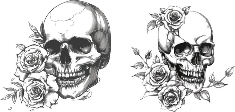 Sketch human skull with roses, traditional gothic black tattoo