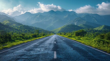 A paved road surrounded by verdant peaks and a cloudy sky.