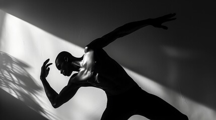 silhouette photo of a man in his shadow while performing a dance - obrazy, fototapety, plakaty