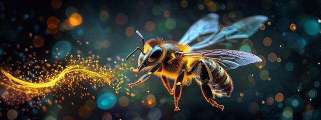 Incorporate a rear view of a vibrant yellow and black striped bee flying, with a trail of vibrant sound waves buzzing behind it, using digital rendering techniques