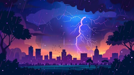 Obraz premium Summer landscape with dark trees silhouettes and houses on skyline in storm, modern cartoon illustration of thunderstorm in city with park and skyscrapers.