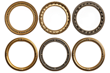 Radiant Elegance: A Collection of Six Opulent Oval Gold and Silver Frames. On White or PNG Transparent Background.