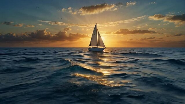 A sailboat cuts through waves on a sunset sea, sky ablaze with color