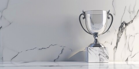 A clear glass award mockup stands on a transparent marble base in 3D, featuring an empty acrylic design template for a crystal prize plate, isolated on a white background.
