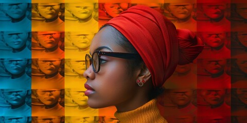 Portrait of a beautiful African American woman wearing a turban and glasses - obrazy, fototapety, plakaty