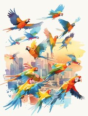 A group of vibrant parakeets cartoon character flying across the skyline near the Marina Bay Sands in Singapore, watercolor illustration