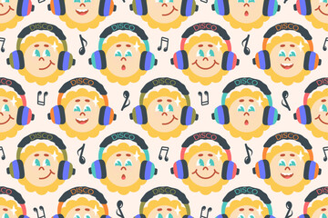 Groovy seamless pattern. Cartoon Sunshine with music player. Cute groovy sun in headphones with various emotion. Nostalgia for retro aesthetics, 2000s, 90s, 80s. Groovy background. Vector illustration