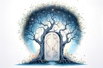 Magic tree with old door. Halloween background. Vector illustration. Eps 10