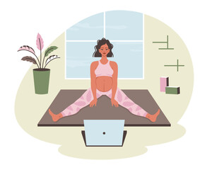 Obraz premium Pregnant yoga. Pregnant woman doing yoga at home. Future mother doing exercises, meditation, pilates, breathing practice online. Healthy lifestyle, bodycare, care for future child. Vector illustration