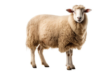 Fototapeta premium Realistic sheep animal photo, beige wool farm livestock, domestic ewe standing, agriculture and ranching concept isolated on Transparent Background